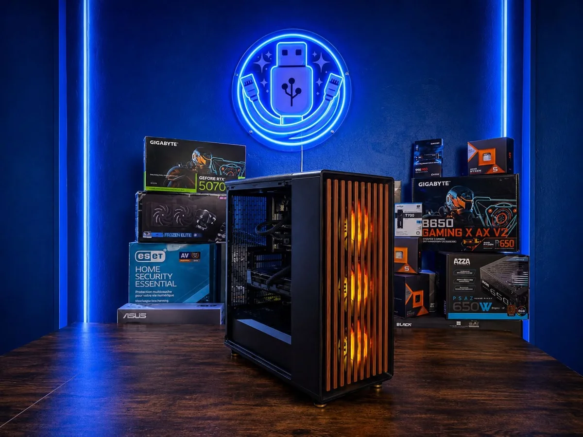 PC avec façade bois et éclairage orange, présenté à l’atelier